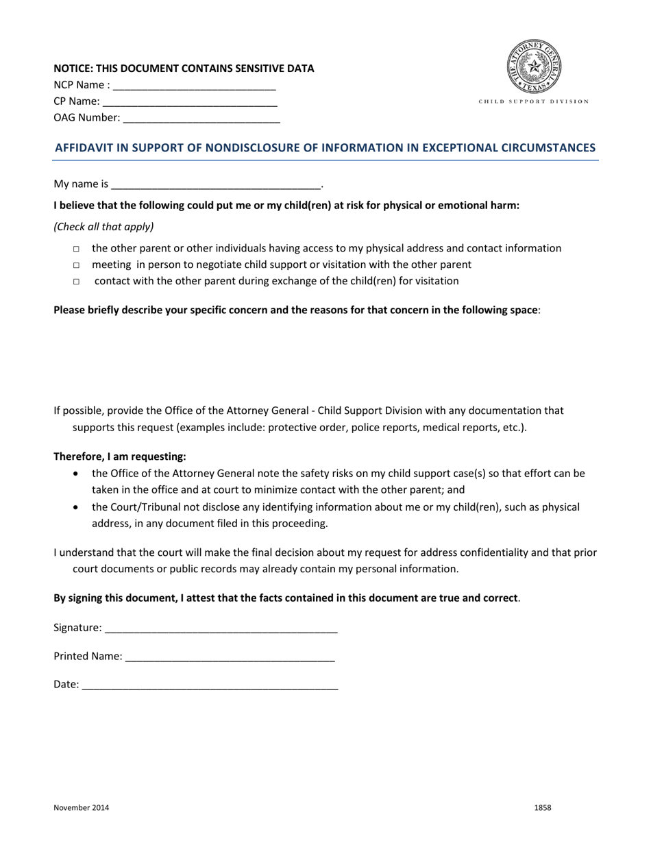 Form 1858 Affidavit in Support of Nondisclosure of Information in Exceptional Circumstances - Texas (English / Spanish), Page 1