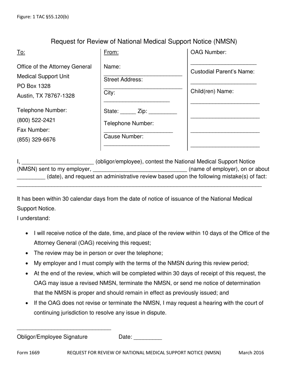 Form 1669 Request for Review of National Medical Support Notice (Nmsn) - Texas, Page 1