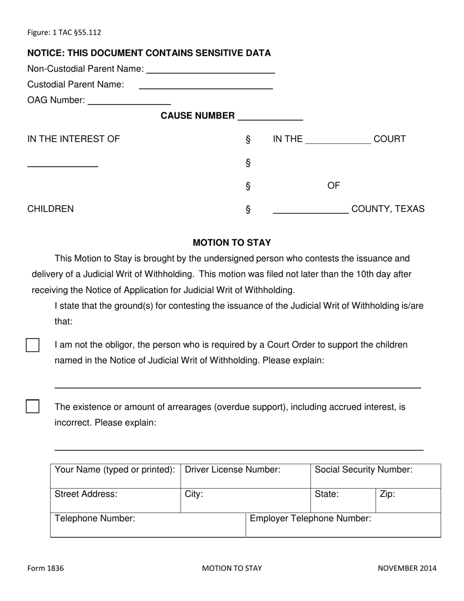 Form 1836 Motion to Stay - Texas, Page 1