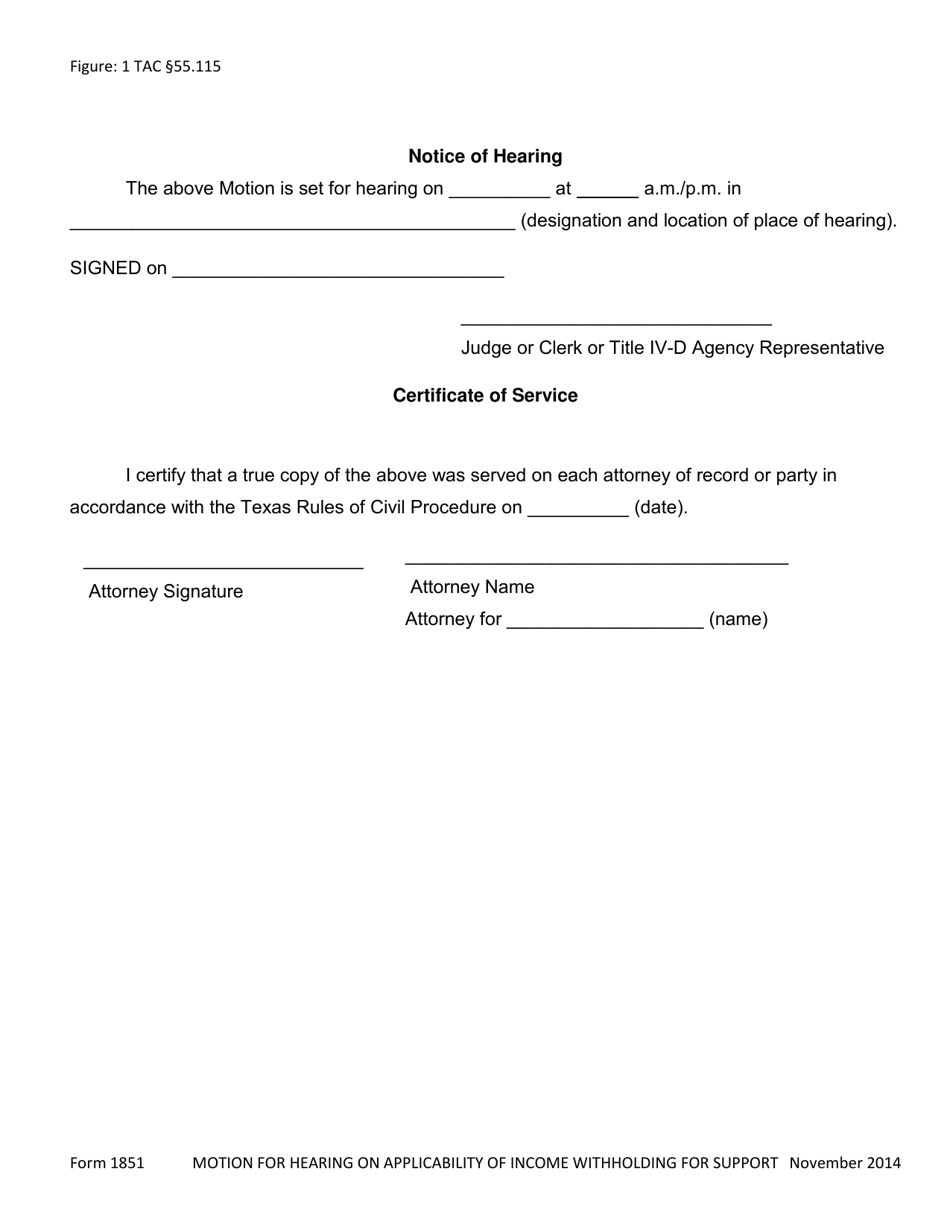 Form 1851 Employers Motion for Hearing on Applicability of Income Withholding for Support - Texas, Page 2