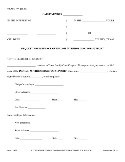 Form 1853 Request for Issuance of Income Withholding for Support - Texas