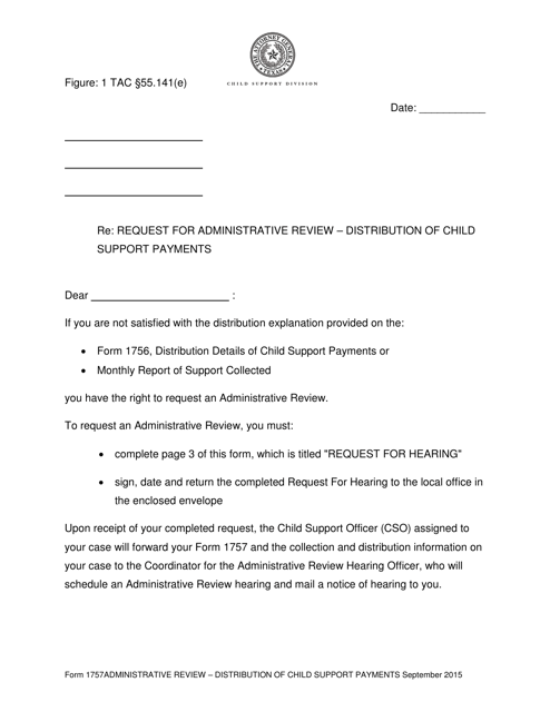 Form 1757 Request for Administrative Review " Distribution of Child Support Payments - Texas