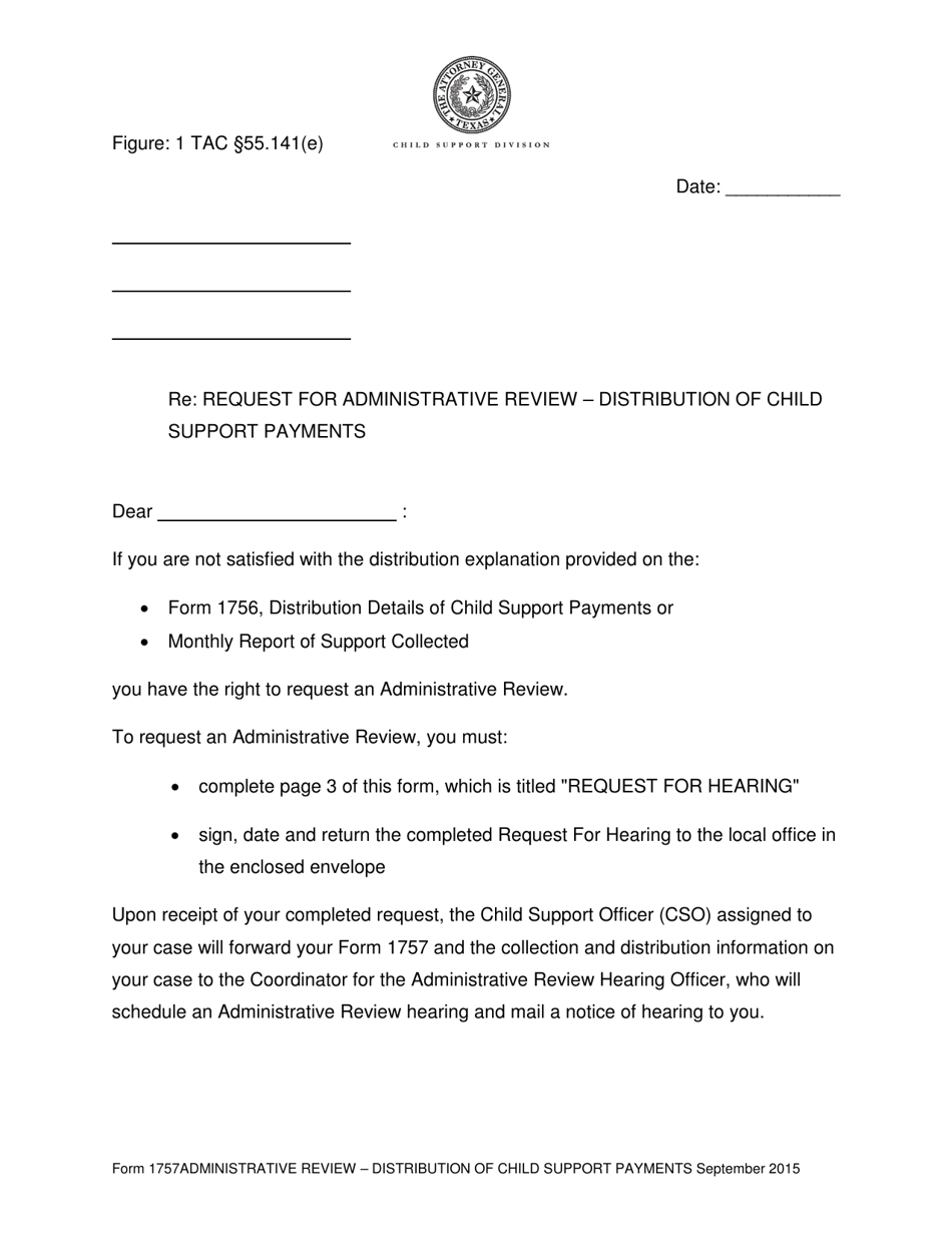 Form 1757 Request for Administrative Review  Distribution of Child Support Payments - Texas, Page 1
