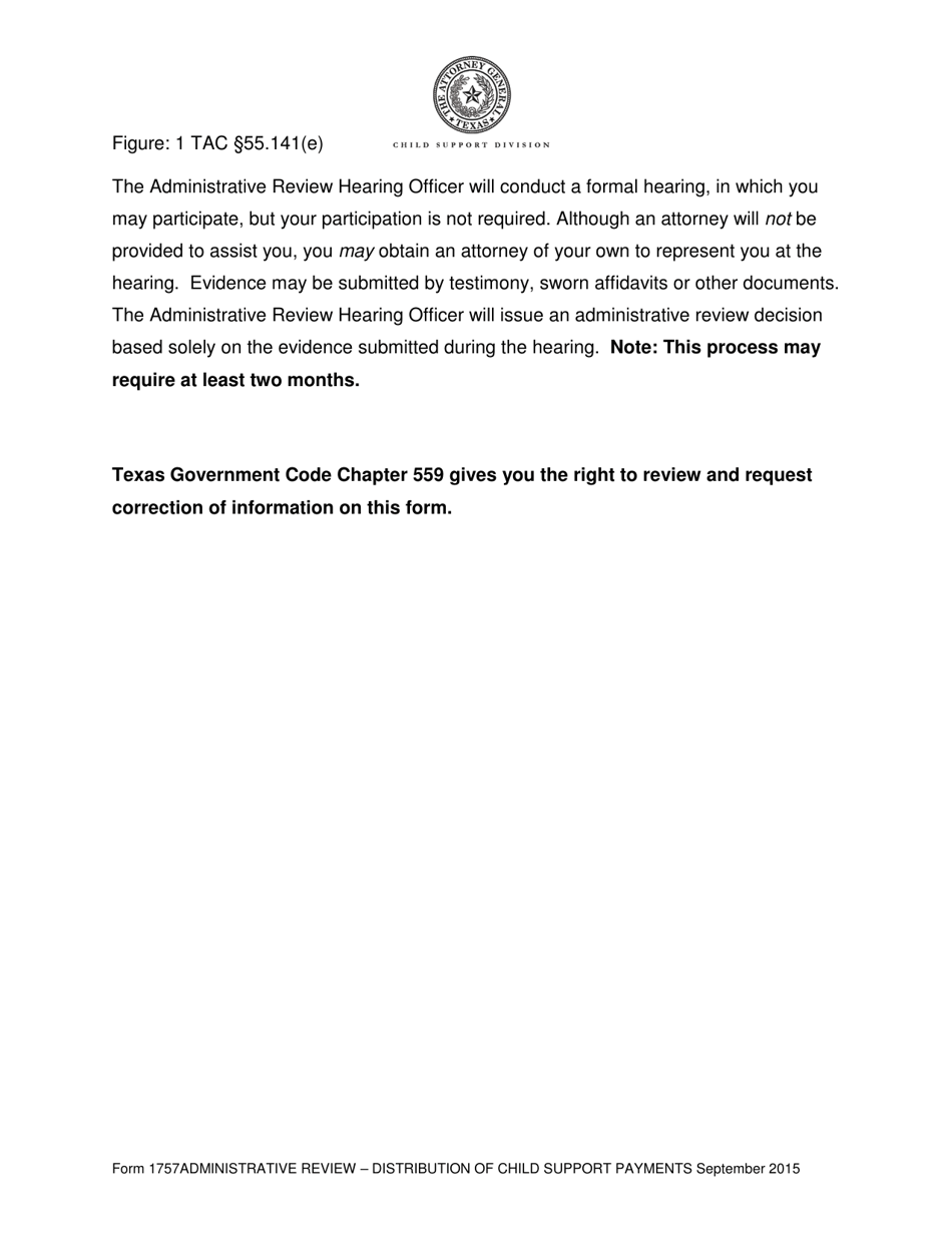 Form 1757 Request for Administrative Review  Distribution of Child Support Payments - Texas, Page 2