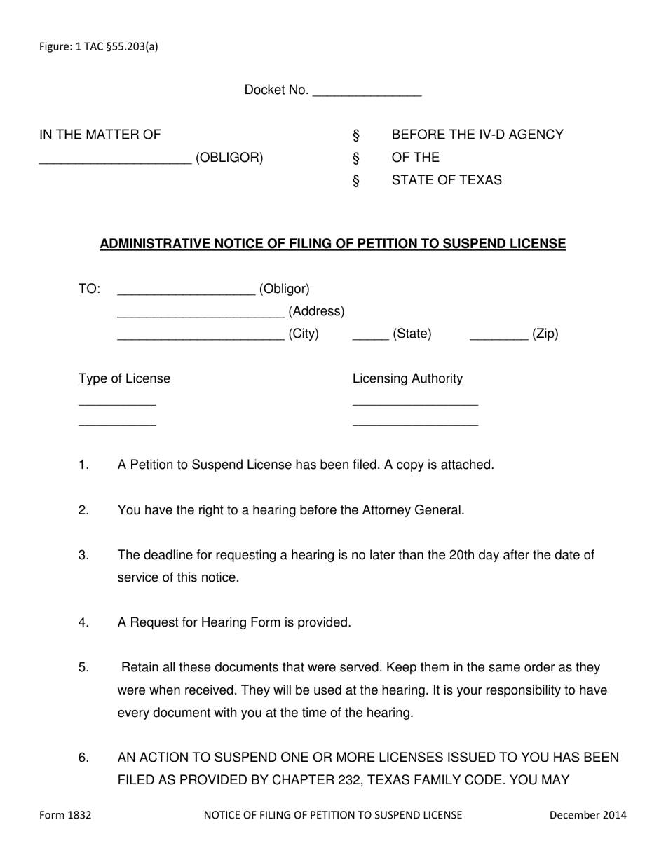Form 1832 Administrative Notice of Filing of Petition to Suspend License - Texas, Page 1