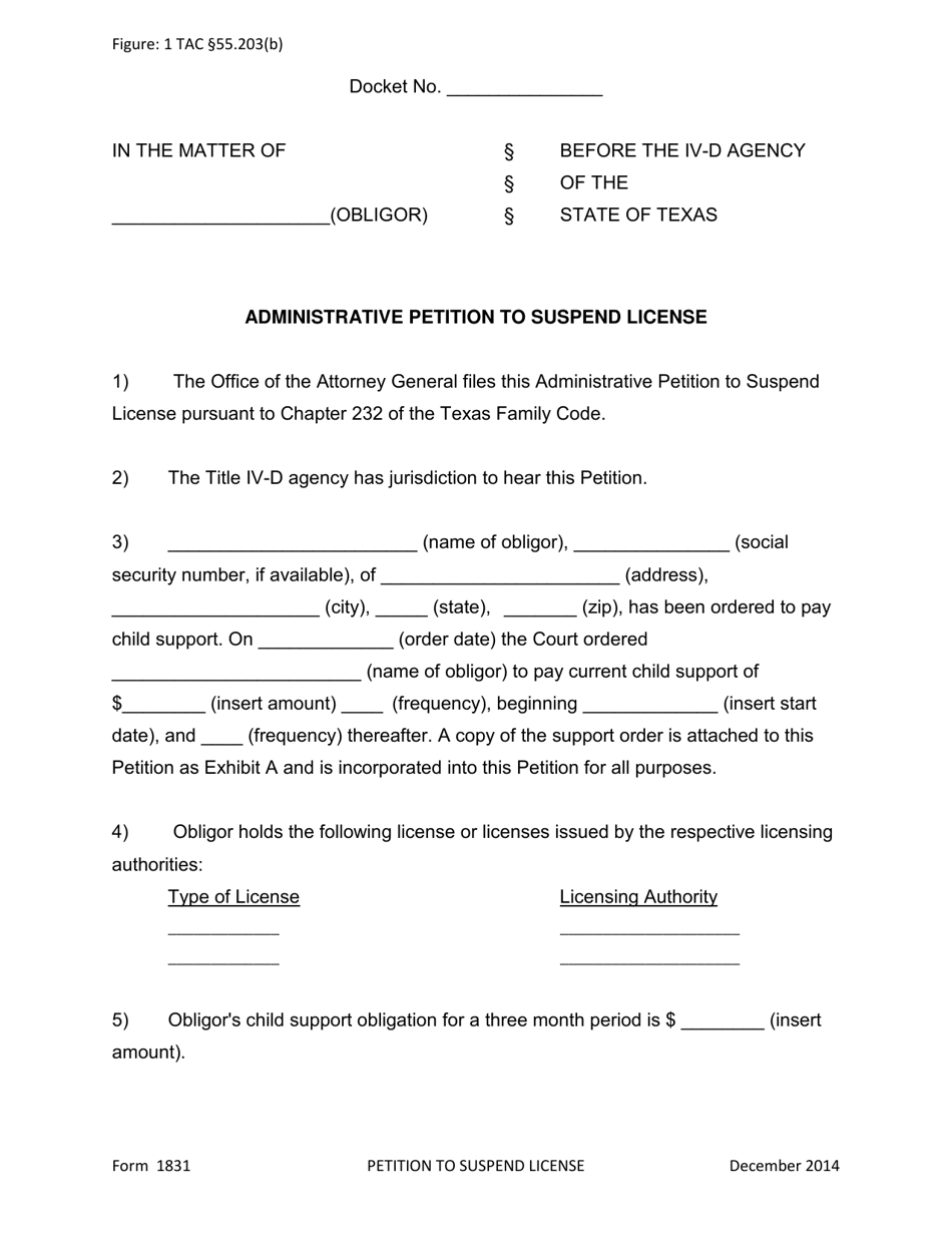 Form 1831 Administrative Petition to Suspend License - Texas, Page 1