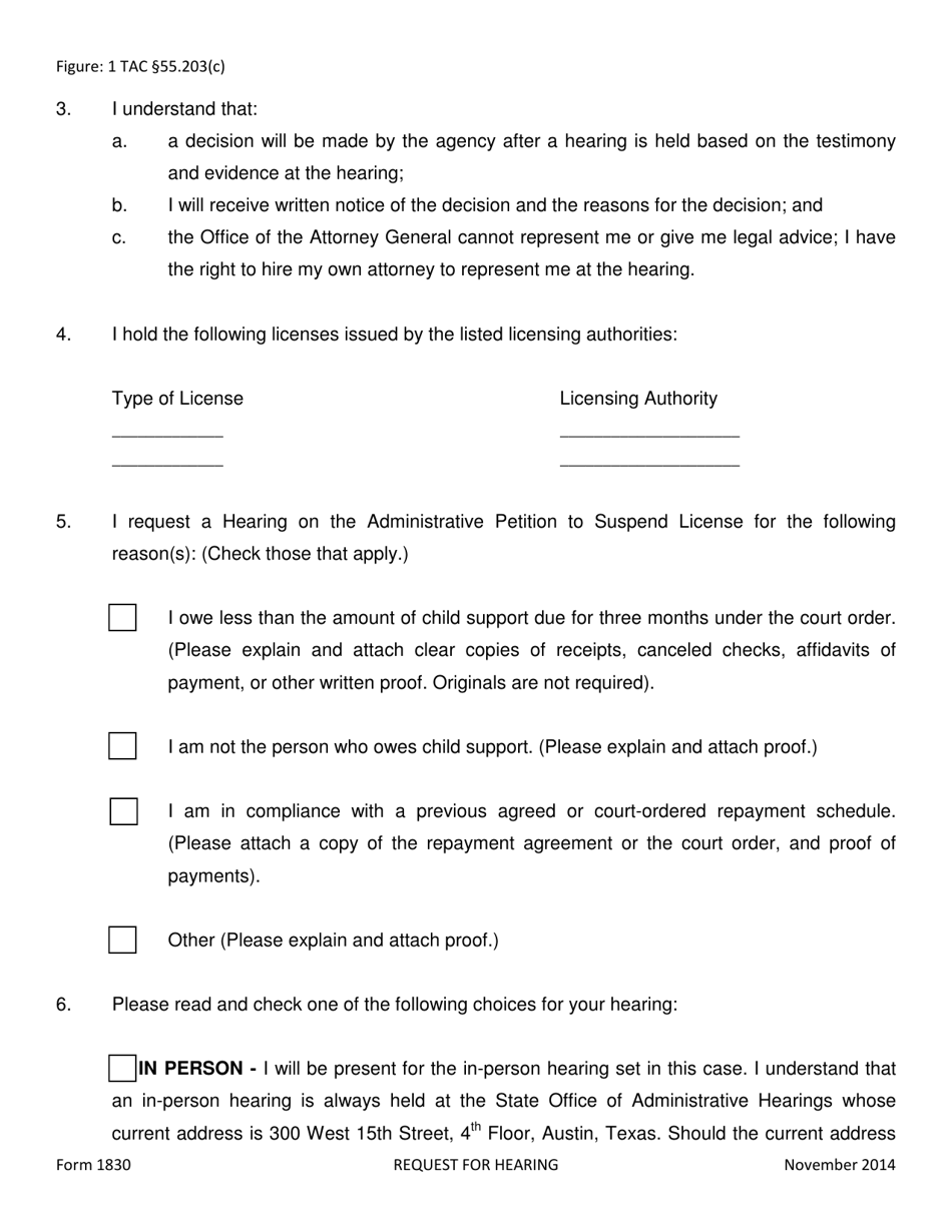Form 1830 Request for Hearing - Texas, Page 2