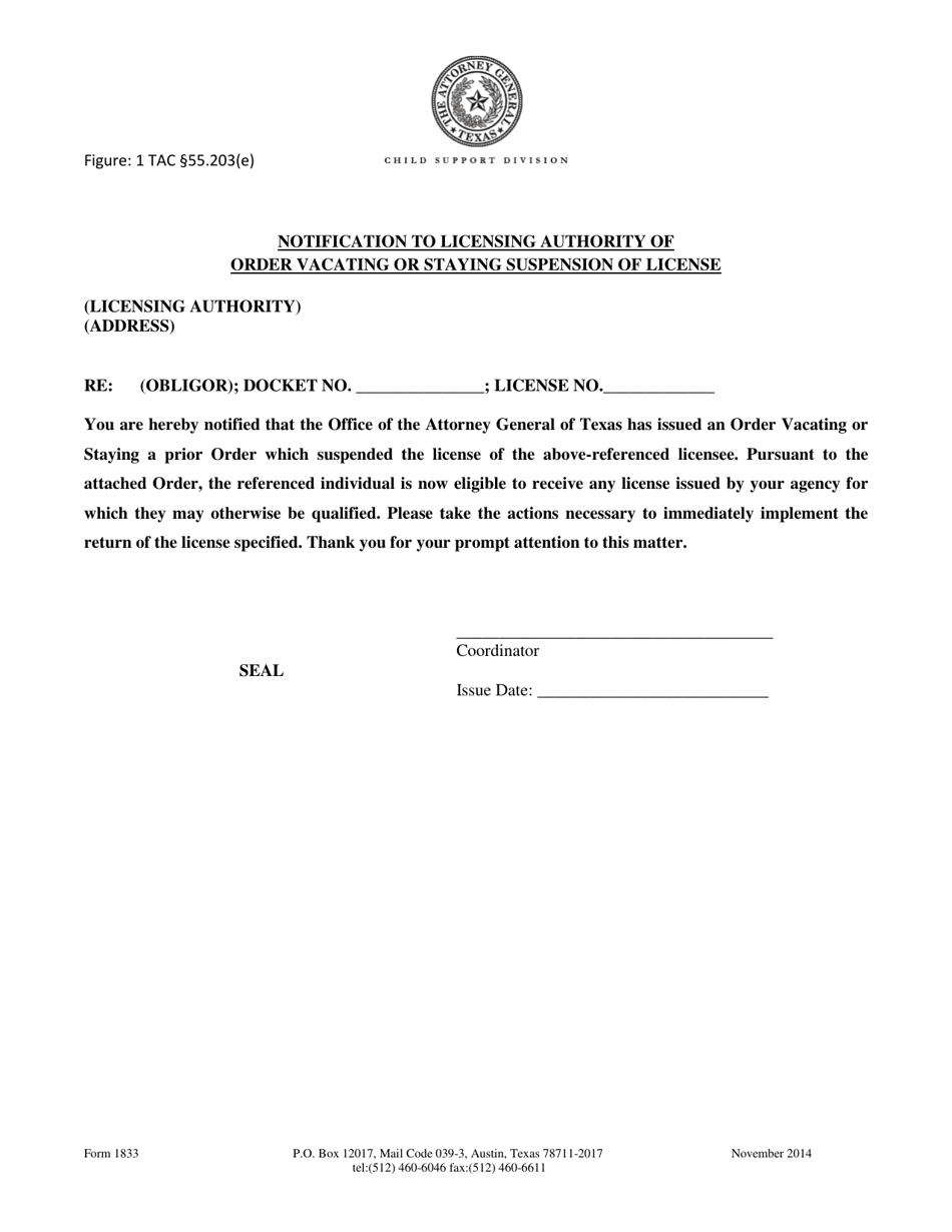 Form 1833 Notification to Licensing Authority of Order Vacating or Staying Suspension of License - Texas, Page 1