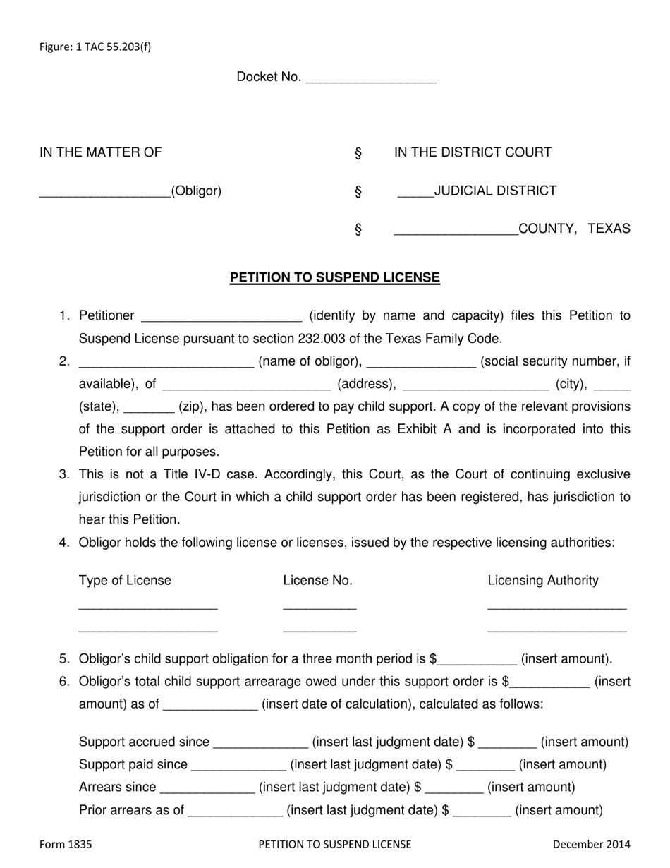 Form 1835 Petition to Suspend License - Texas, Page 1