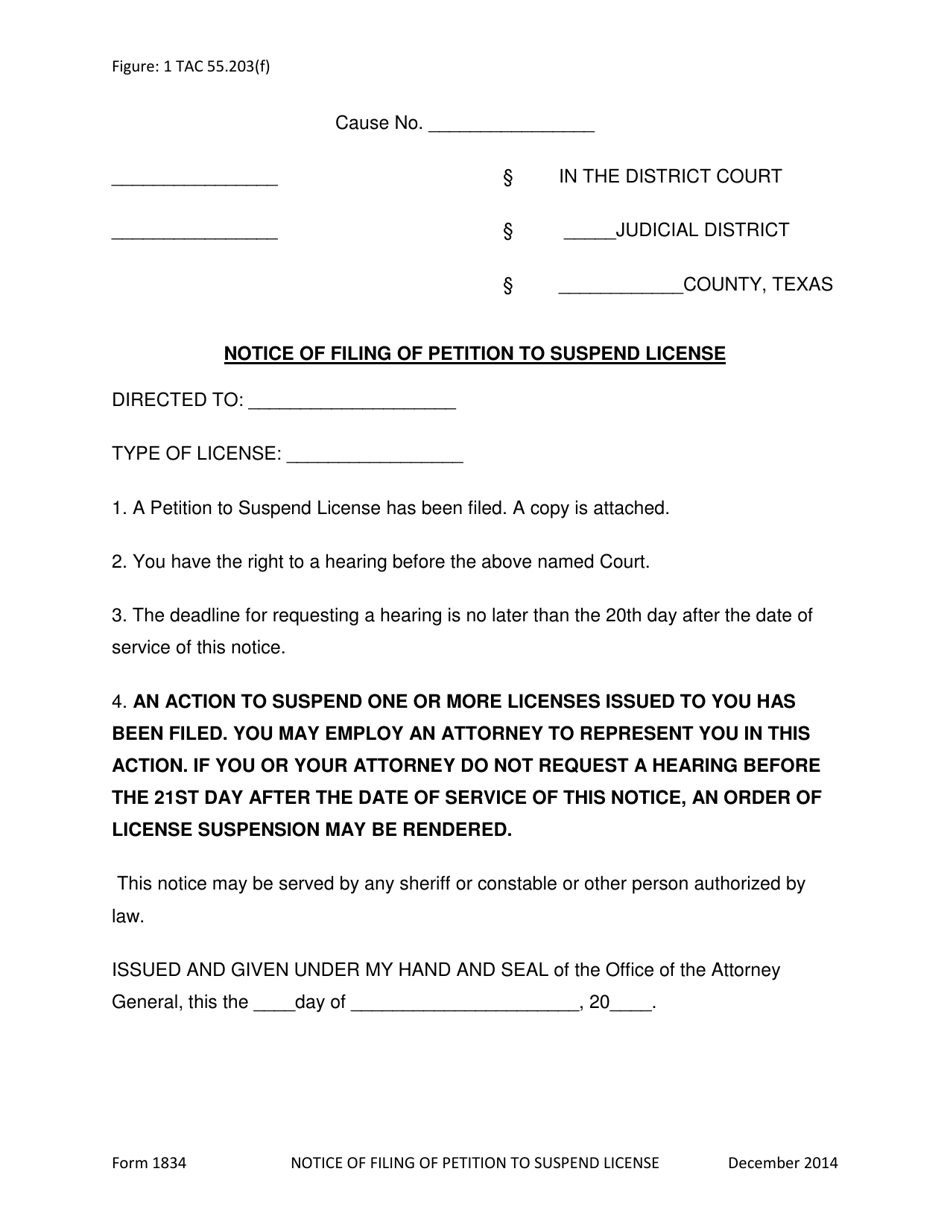 Form 1834 Notice of Filing of Petition to Suspend License - Texas, Page 1