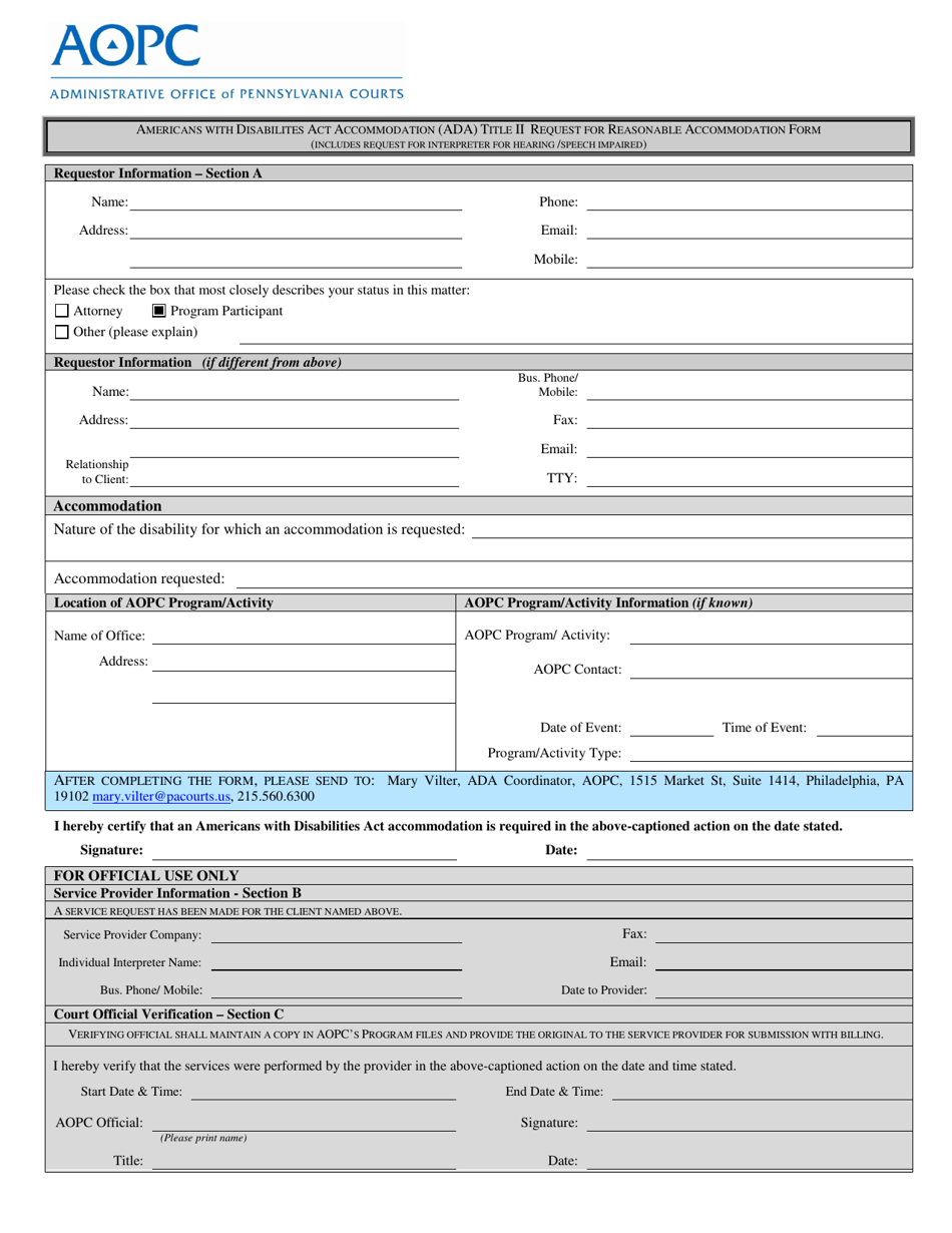 Americans With Disabilites Act Accommodation (Ada) Title II Request for Reasonable Accommodation Form - Pennsylvania, Page 1