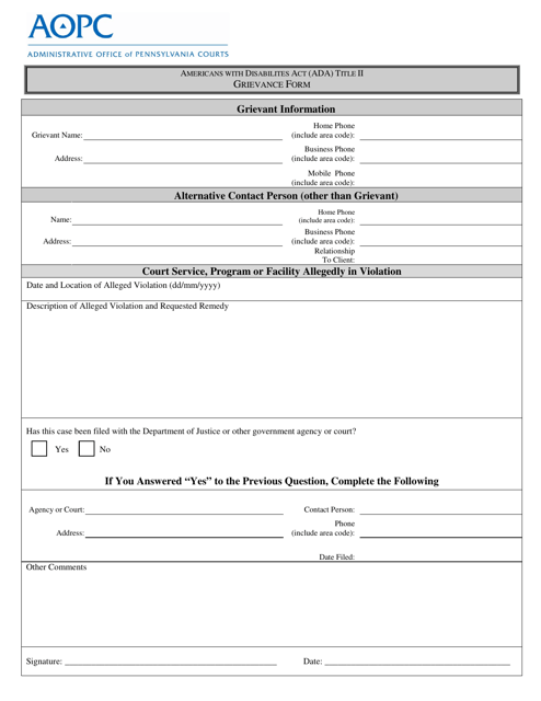 Americans With Disabilites Act (Ada) Title II Grievance Form - Pennsylvania Download Pdf