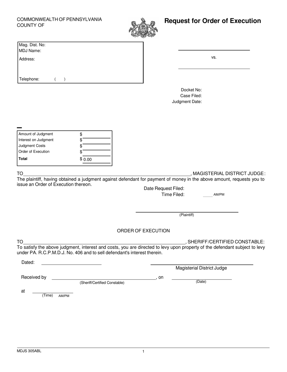 Request for Order of Execution - Pennsylvania, Page 1