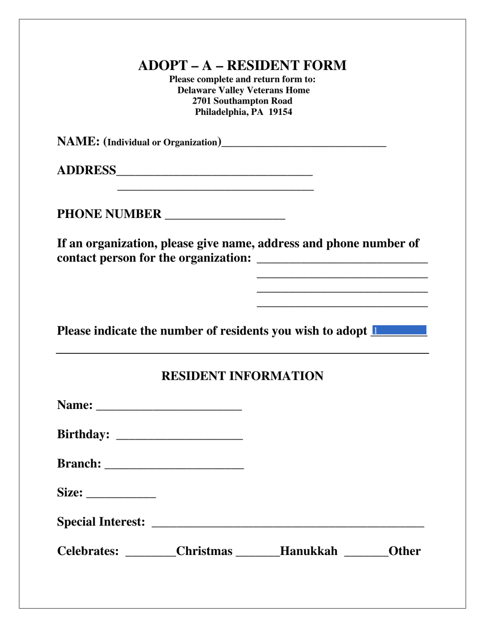 Adopt-A-resident Form - Pennsylvania, Page 1