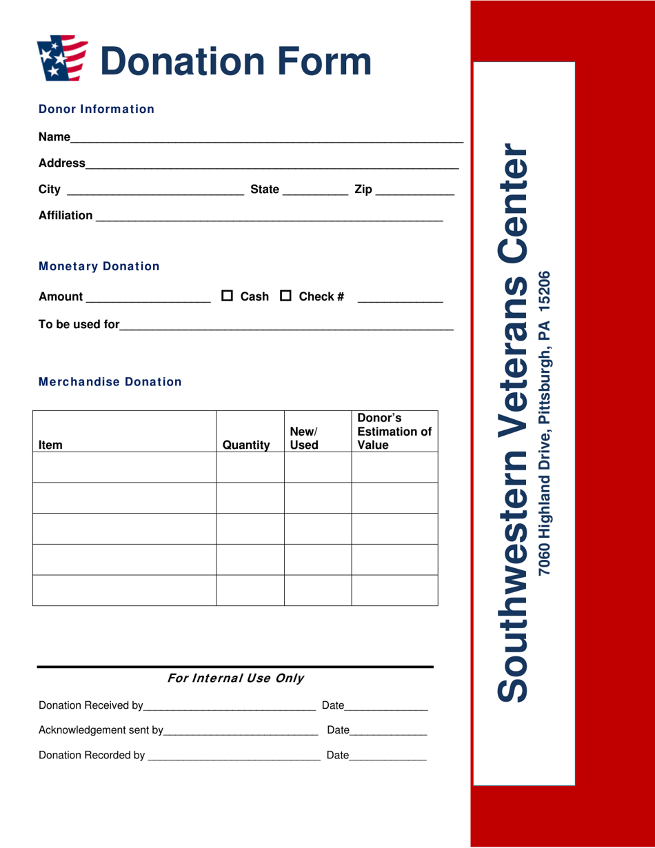 Southwestern Veterans Center Donation Form - Pennsylvania, Page 1