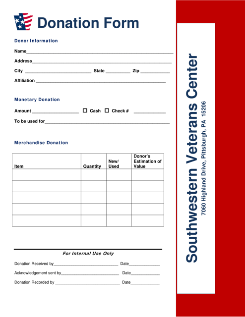 "Southwestern Veterans Center Donation Form" - Pennsylvania Download Pdf