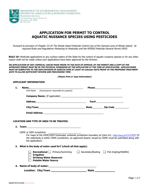 Application for Permit to Control Aquatic Nuisance Species Using Pesticides - Rhode Island Download Pdf