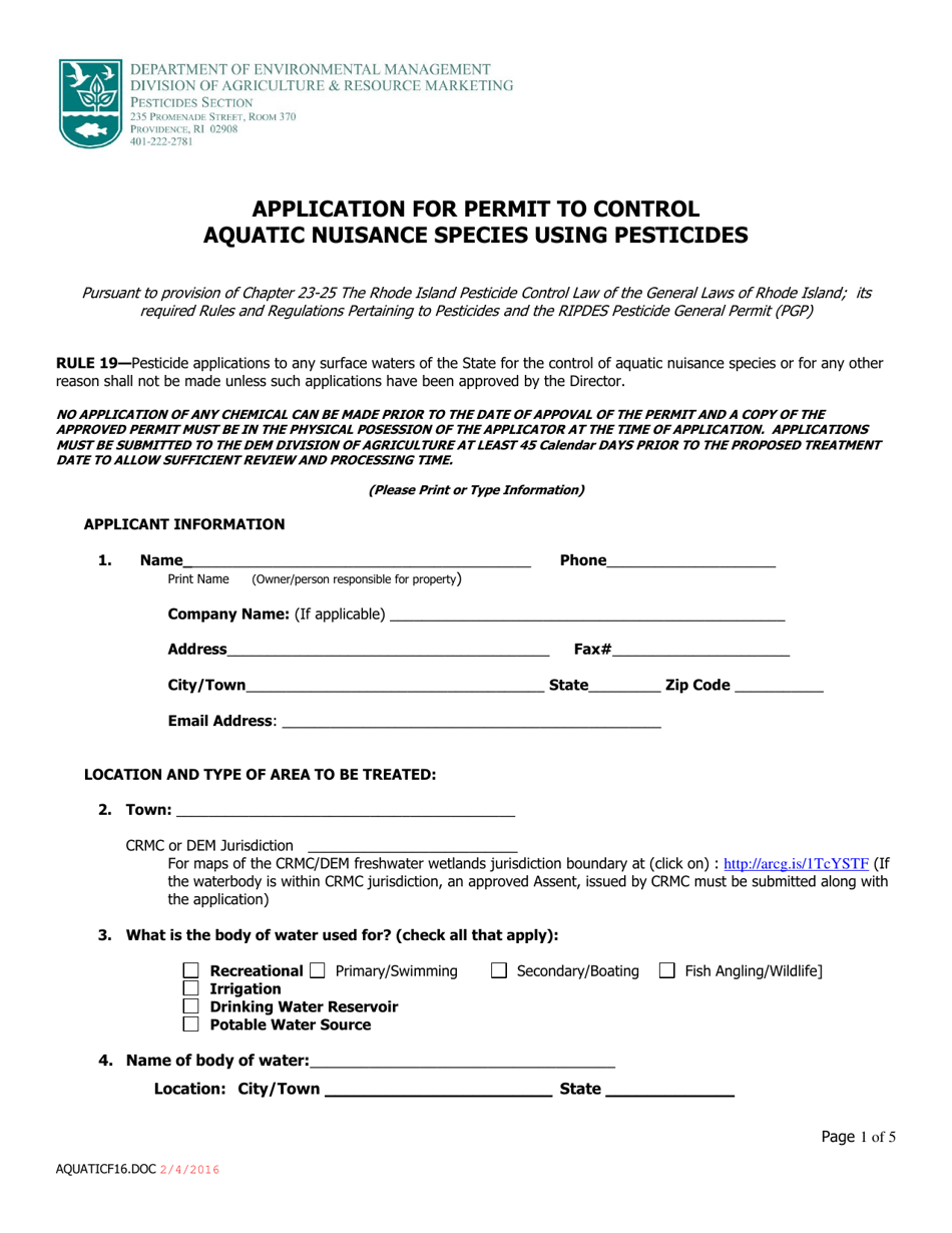 Application for Permit to Control Aquatic Nuisance Species Using Pesticides - Rhode Island, Page 1