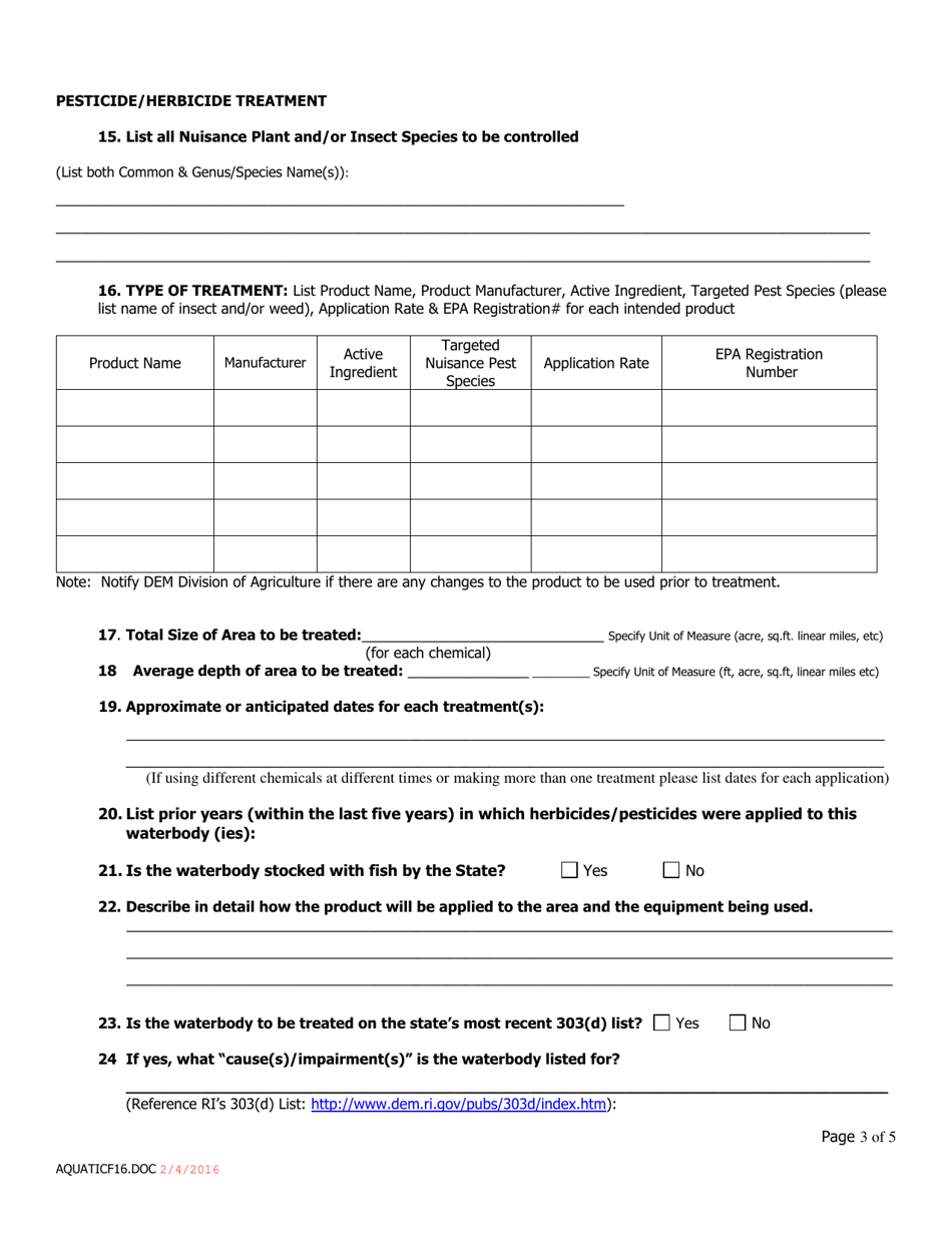 Application for Permit to Control Aquatic Nuisance Species Using Pesticides - Rhode Island, Page 3