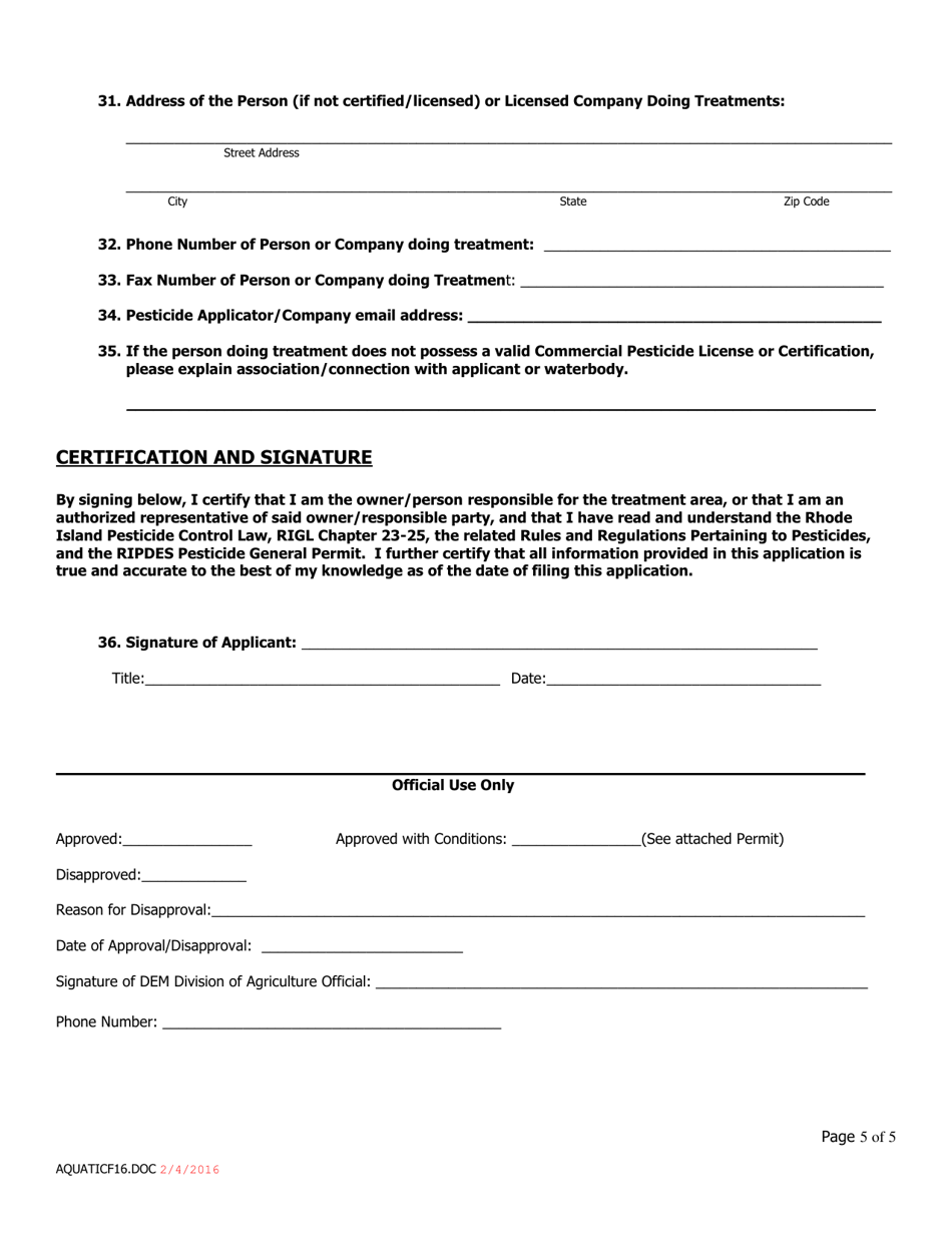Application for Permit to Control Aquatic Nuisance Species Using Pesticides - Rhode Island, Page 5