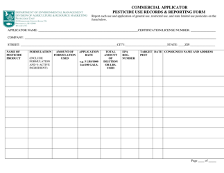 Document preview: Commercial Applicator Pesticide Use Records & Reporting Form - Rhode Island