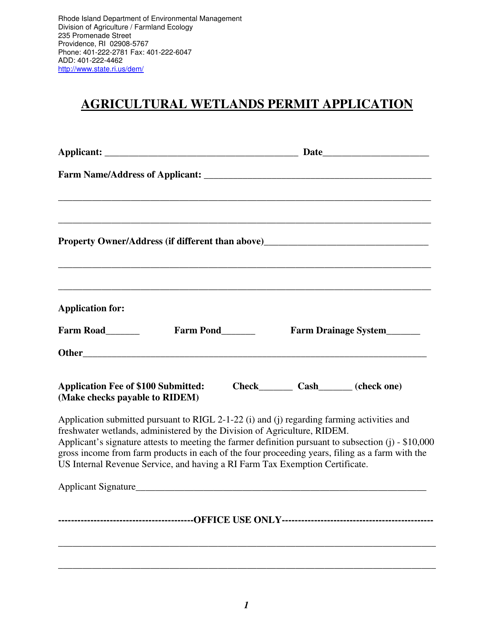 Agricultural Wetlands Permit Application Form - Rhode Island