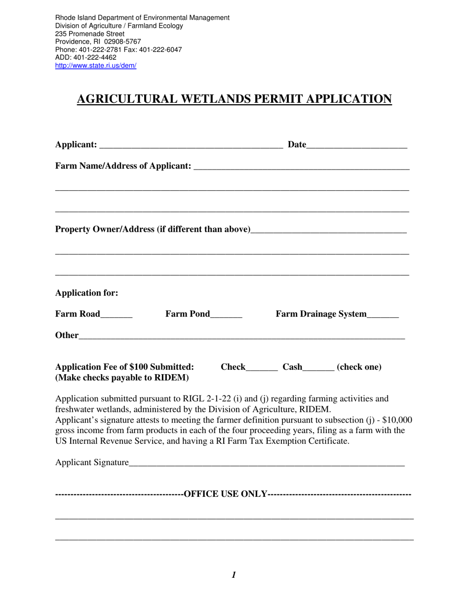 Agricultural Wetlands Permit Application Form - Rhode Island, Page 1