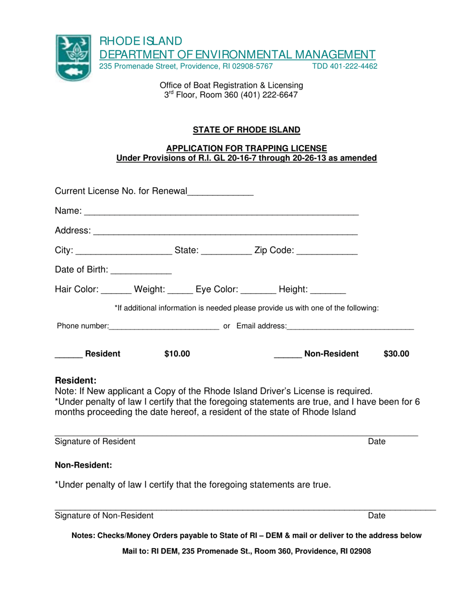 Rhode Island Application for Trapping License Under Provisions of R.i