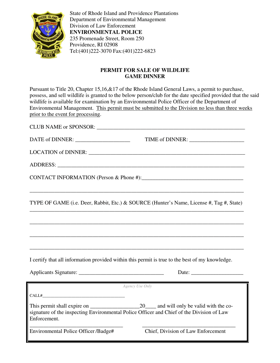 Permit for Sale of Wildlife Game Dinner - Rhode Island, Page 1