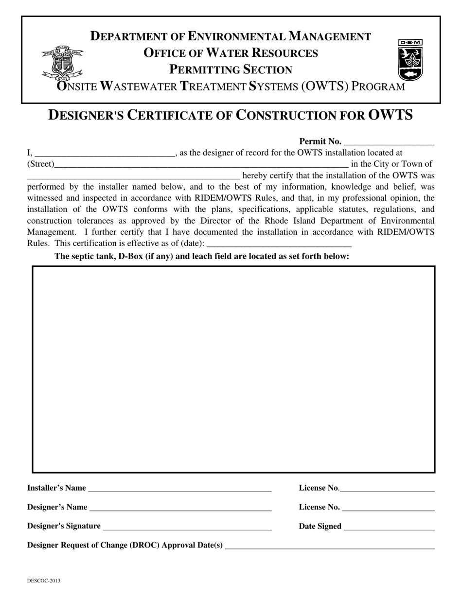 Designers Certificate of Construction for Owts - Rhode Island, Page 1