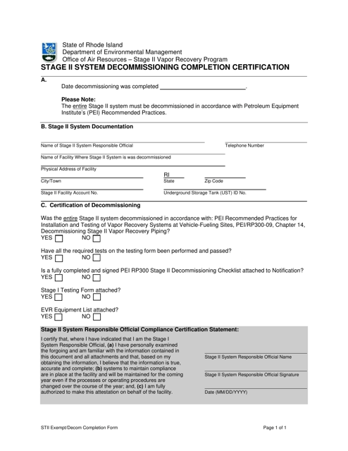 Stage II System Decommissioning Completion Certification Form - Rhode Island