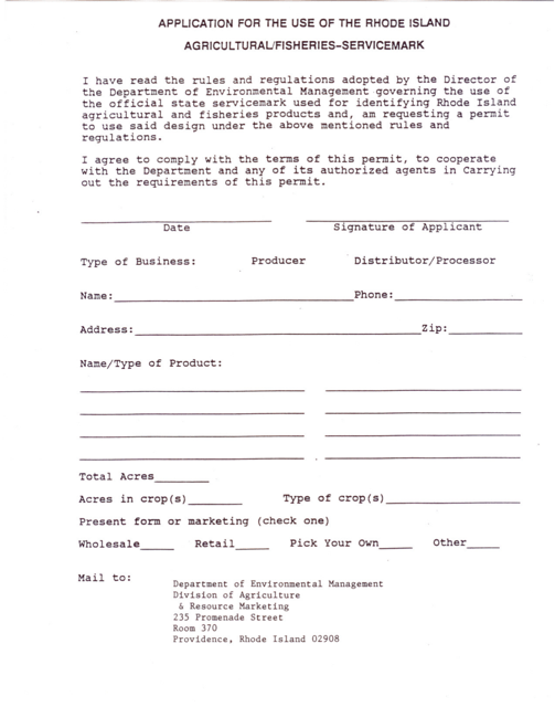 Application for the Use of the Rhode Island Agricultural/Fisheries-Servicemark - Rhode Island