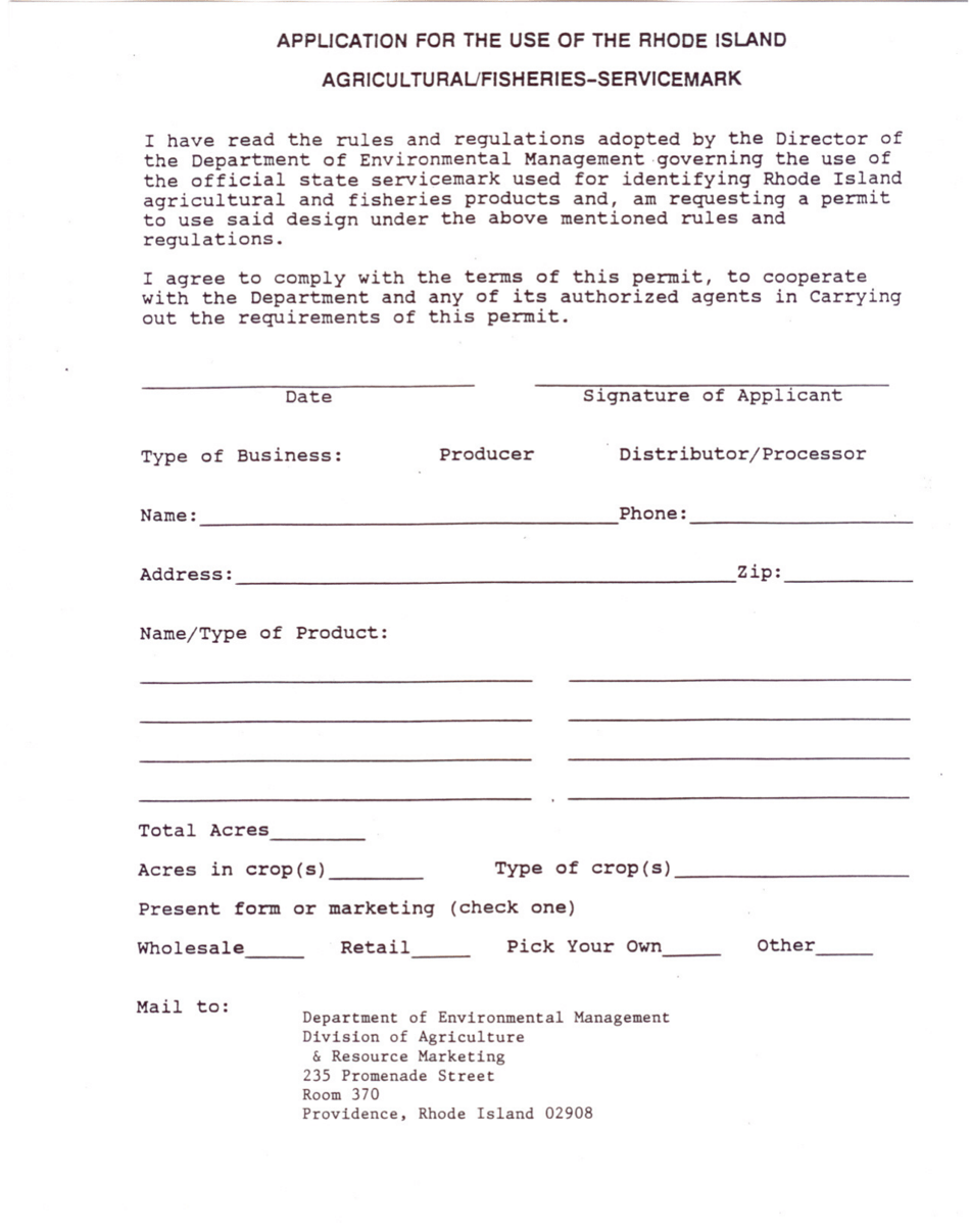 Application for the Use of the Rhode Island Agricultural / Fisheries-Servicemark - Rhode Island, Page 1