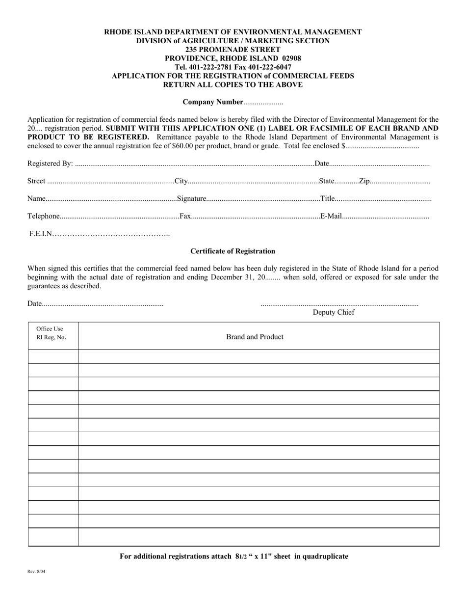 Application for the Registration of Commercial Feeds - Rhode Island, Page 1