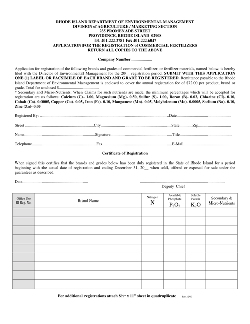 Application for the Registration of Commercial Fertilizers - Rhode Island