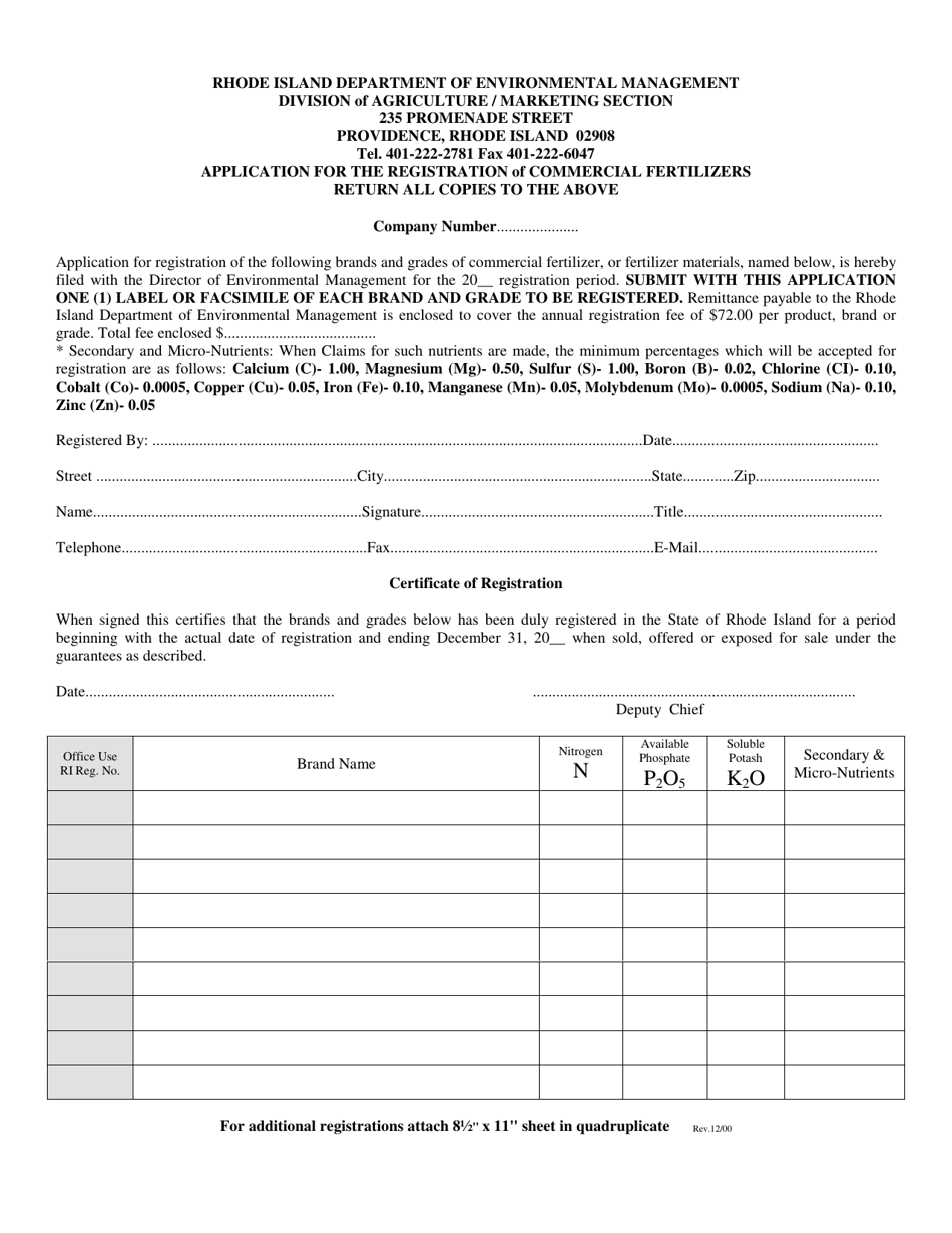 Application for the Registration of Commercial Fertilizers - Rhode Island, Page 1