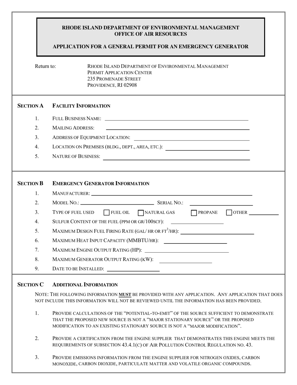 Application for a General Permit for an Emergency Generator - Rhode Island, Page 1