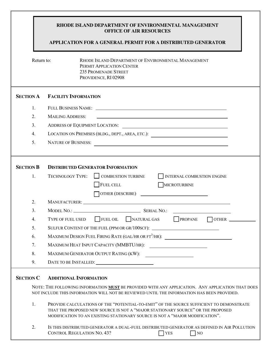 Application for a General Permit for a Distributed Generator - Rhode Island, Page 1