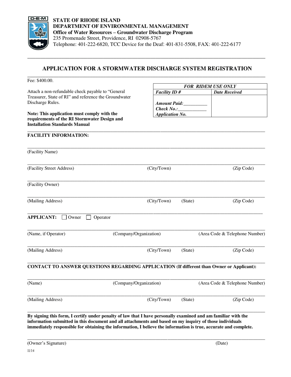Application for a Stormwater Discharge System Registration - Rhode Island, Page 1