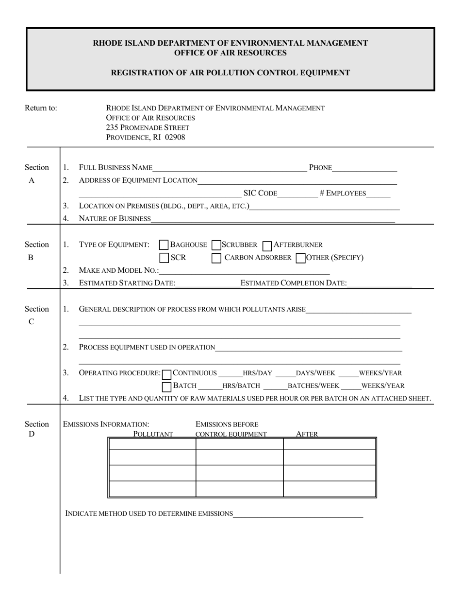 Registration of Air Pollution Control Equipment - Rhode Island, Page 1