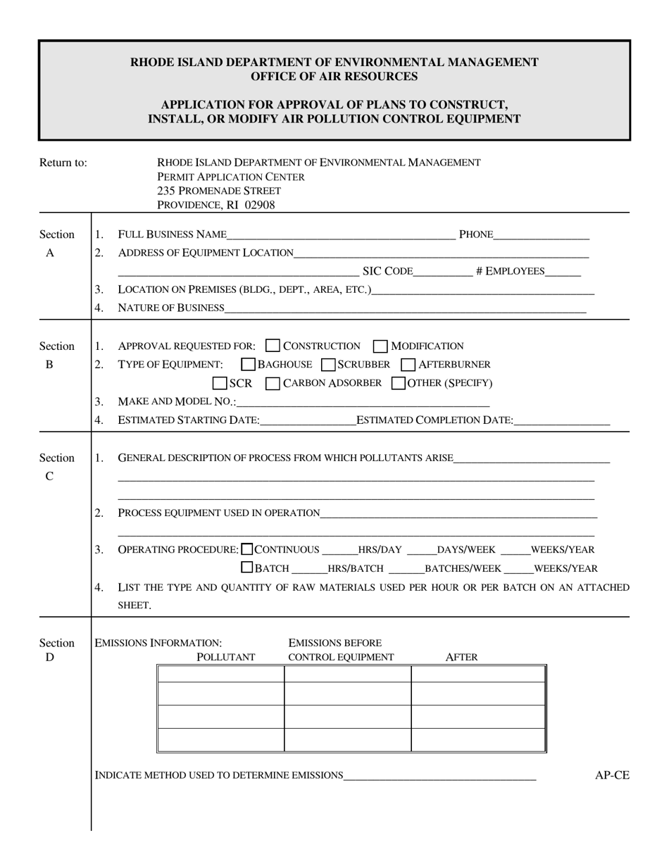 Form AP-CE Application for Approval of Plans to Construct, Install, or Modify Air Pollution Control Equipment - Rhode Island, Page 1
