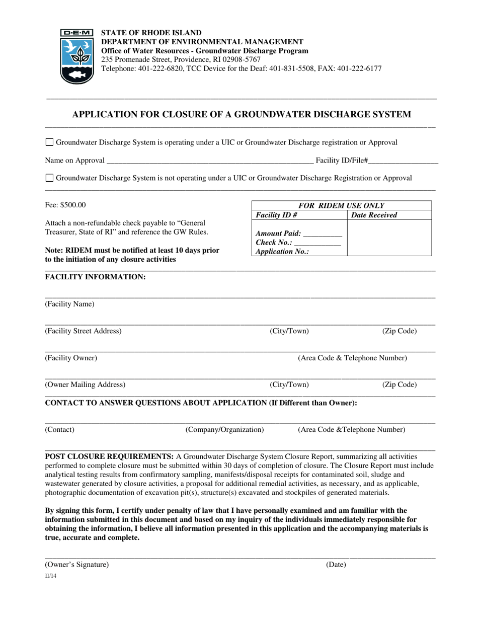 Application for Closure of a Groundwater Discharge System - Rhode Island, Page 1