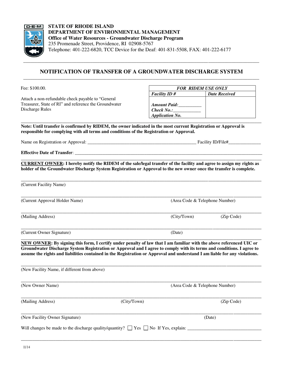 Notification of Transfer of a Groundwater Discharge System - Rhode Island, Page 1