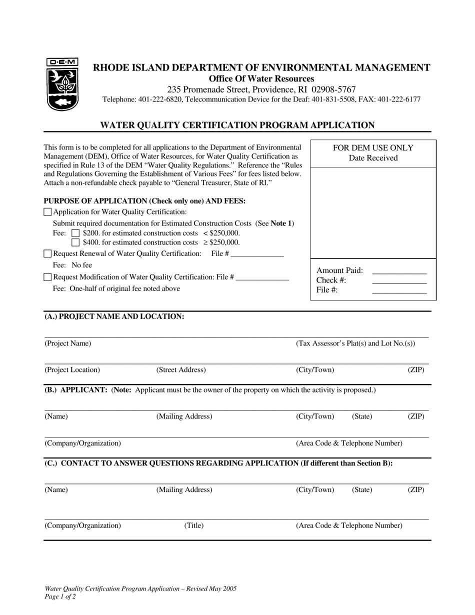 Water Quality Certification Program Application Form - Rhode Island, Page 1