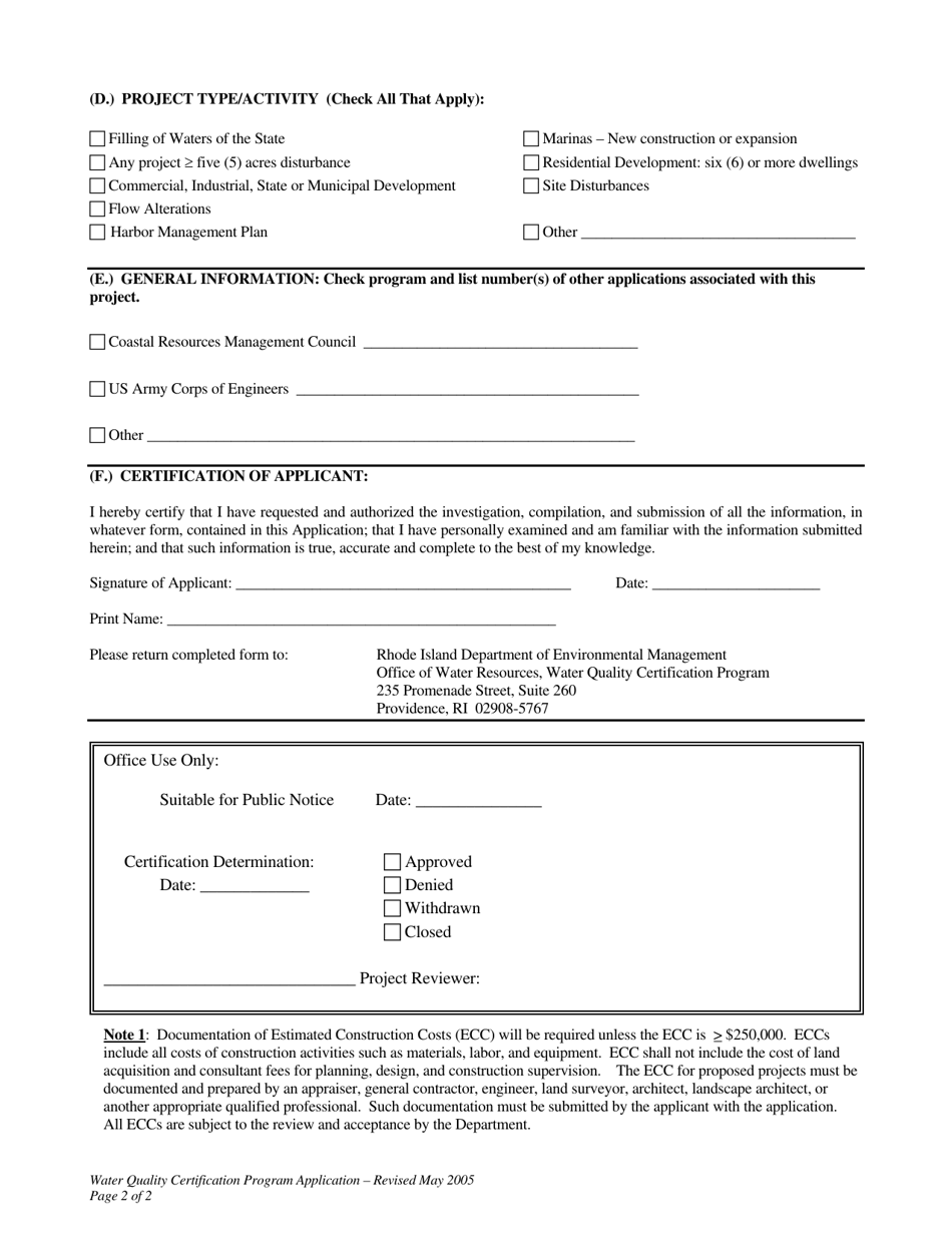Water Quality Certification Program Application Form - Rhode Island, Page 2