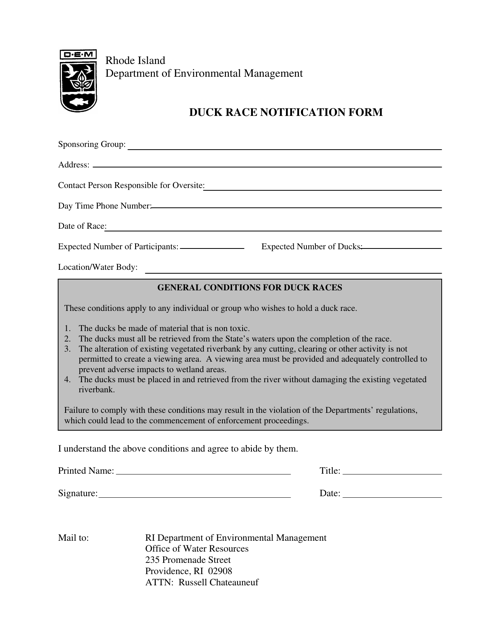 Duck Race Notification Form - Rhode Island Download Pdf