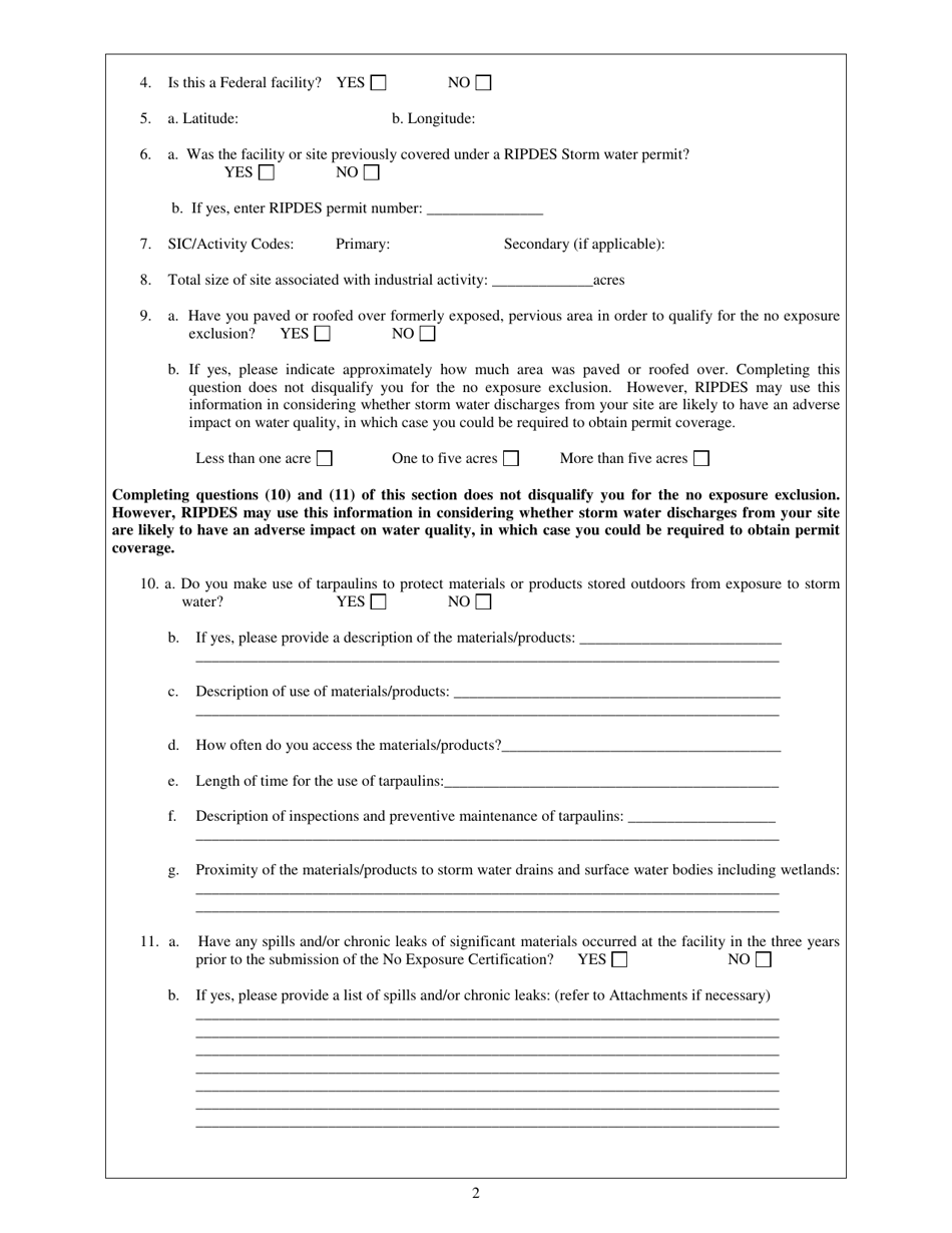 No Exposure Certification Exclusion From Ripdes Industrial Storm Water Permitting - Rhode Island, Page 2