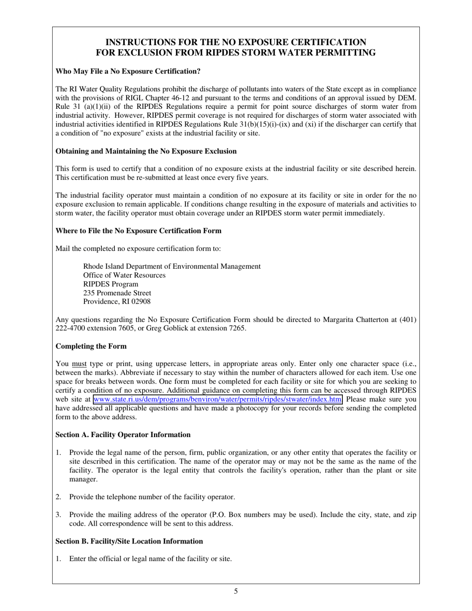 No Exposure Certification Exclusion From Ripdes Industrial Storm Water Permitting - Rhode Island, Page 5