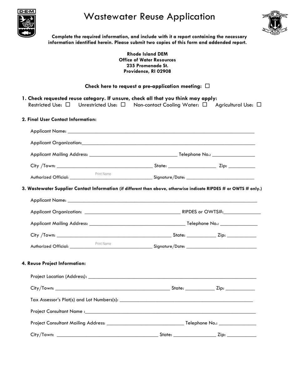 Wastewater Reuse Application Form - Rhode Island, Page 1