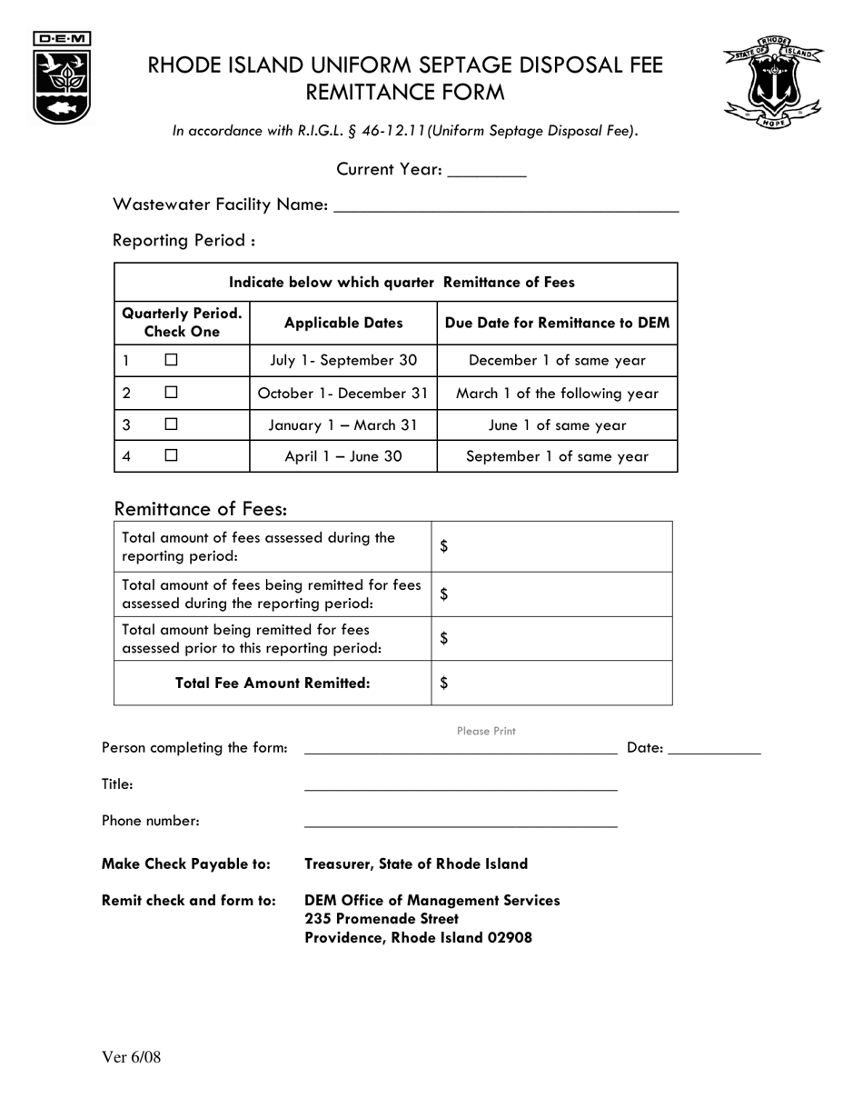 Septage Fee Remittance Form - Rhode Island, Page 1